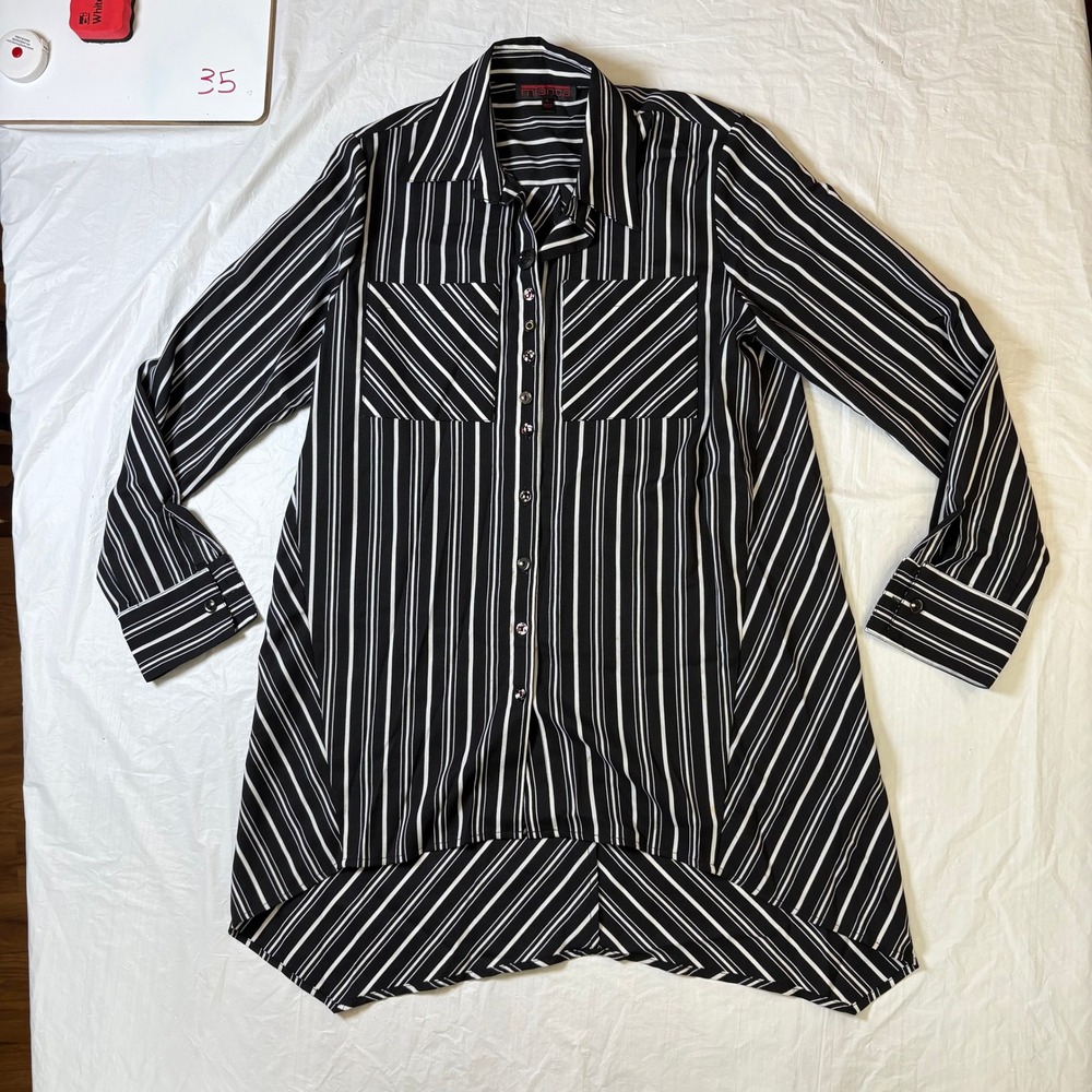 Mishca‎ Black White Striped Asymmetrical Hem Button Up Shirt Women Size S